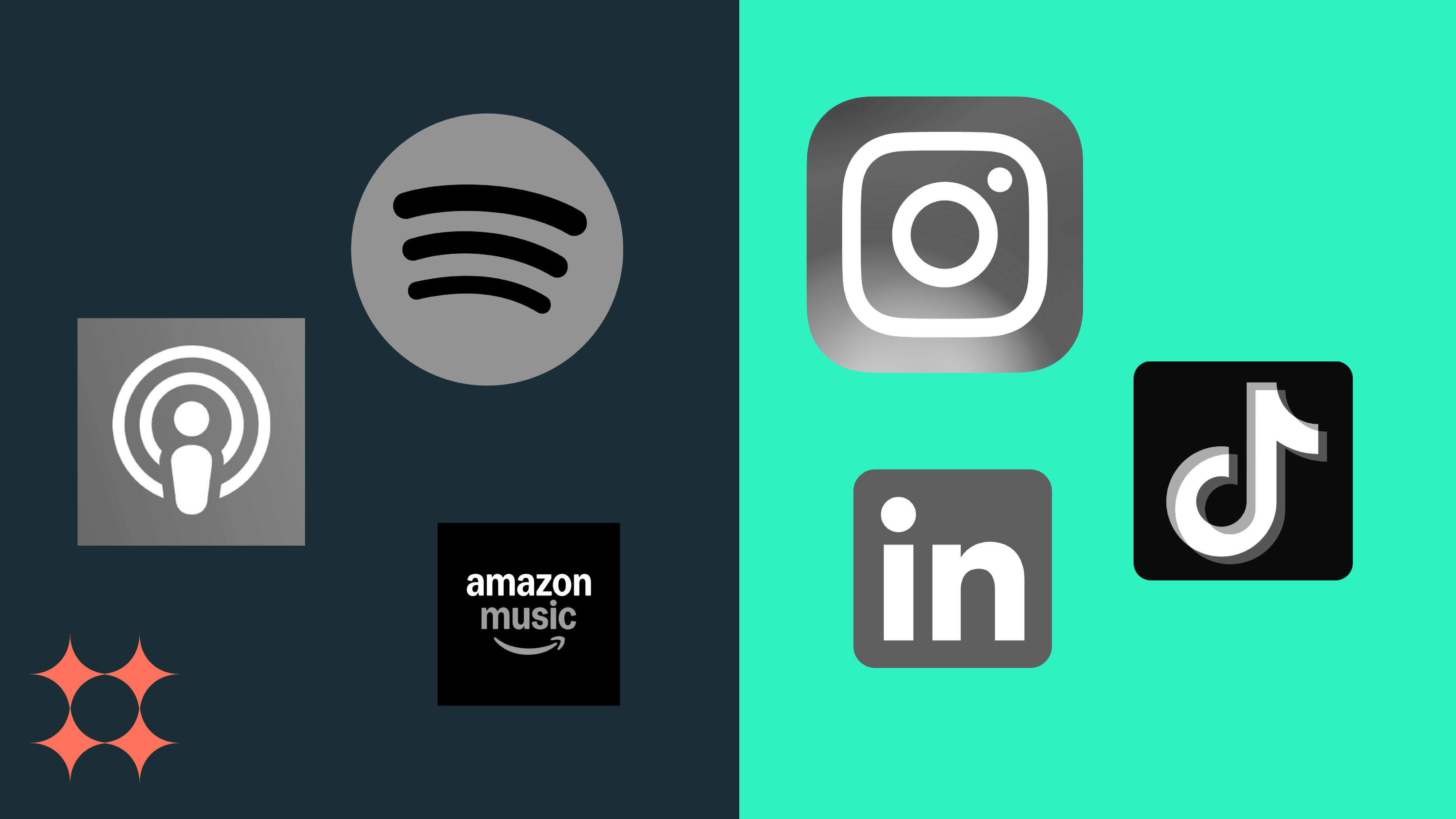 Various platform options (spotify, amazon music, apple podcasts) and marketing platforms (instagram, linkedin and tiktok)